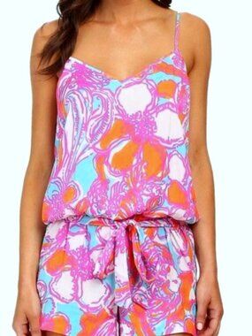 Lilly Pulitzer Deanna Shorely Blue Feeling Tanked Print Tank Romper Size M